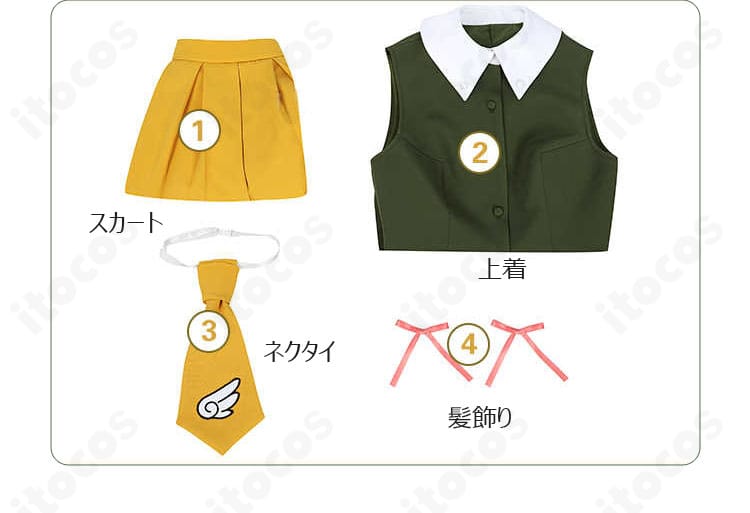 セット内容一覧。上着・スカート・ネクタイ・髪飾り・リュックの5点セットを並べたカット。