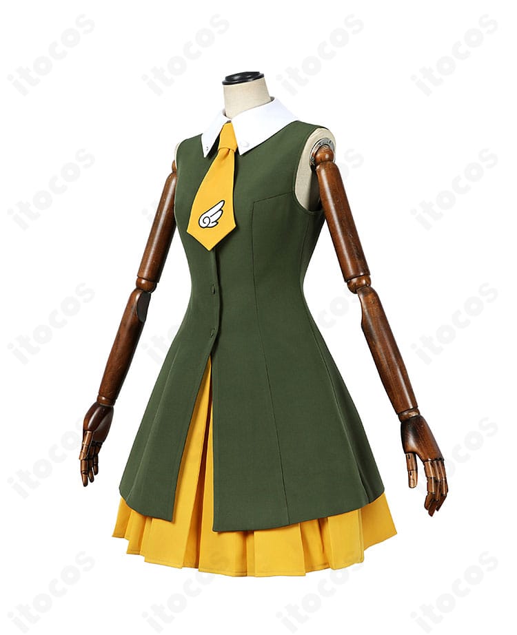 木之本桜 制服コスプレのサイドビュー。ウエストラインとスカートの広がりが映える角度。