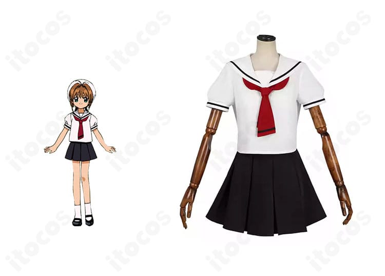 木之本桜の夏服制服を忠実再現したコスプレ衣装とキャラクターイメージの組み合わせ。清楚な雰囲気とセット内容の魅力が伝わる正面カット。