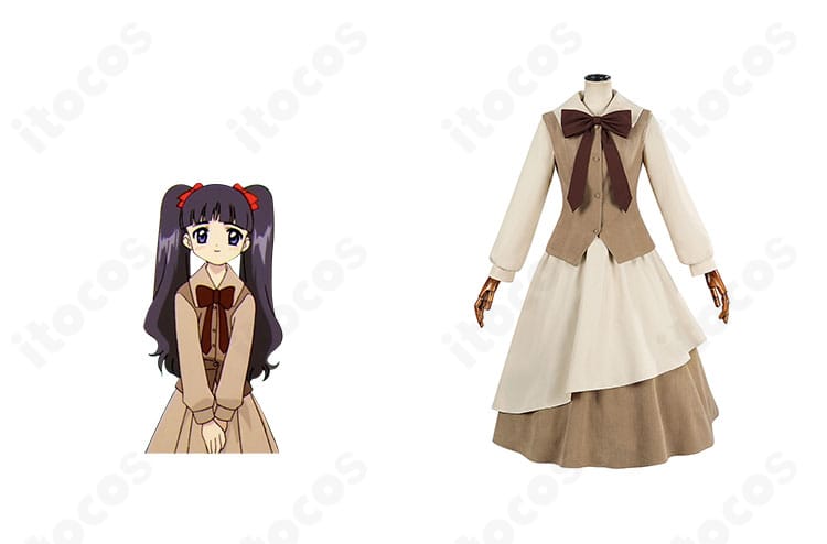 大道寺知世の秋冬私服コスプレ衣装とキャラクタービジュアルを並置した正面全体図。上品なレイヤードとスカーフを忠実再現。