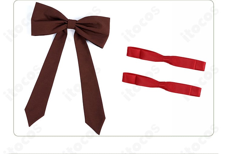 蝶結びとヘアアクセサリーのアップ。コーデの統一感を高める華やかなアクセントを強調。