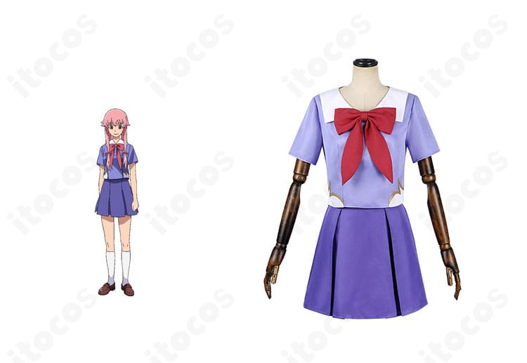 商品正面と我妻由乃の公式ビジュアルを並置した、未来日記 我妻由乃 制服コスプレの全体イメージ