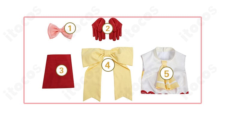 MEMちょ衣装【推しの子】セット内容一覧。ショートパンツ・トップス・髪飾り・手袋・背部蝶結びの同梱アイテム