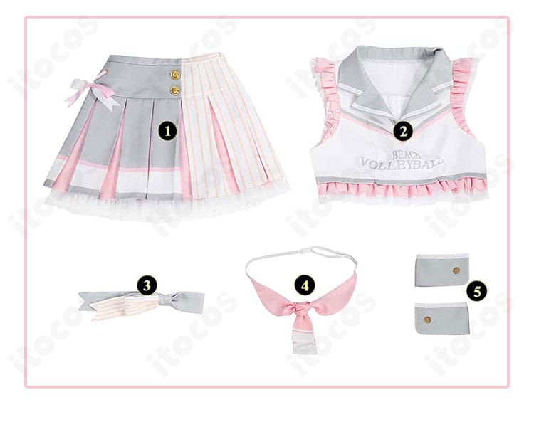 南ことり チアガールコスプレ衣装のセット内容（トップス・スカート・髪飾り・スカーフ・手首飾り）紹介画像