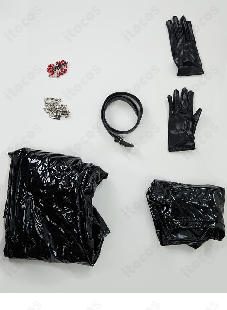 メロ コスプレ衣装のセット内容一覧。トップス、パンツ、ベルト、ネックレス、手袋が並ぶ構成。