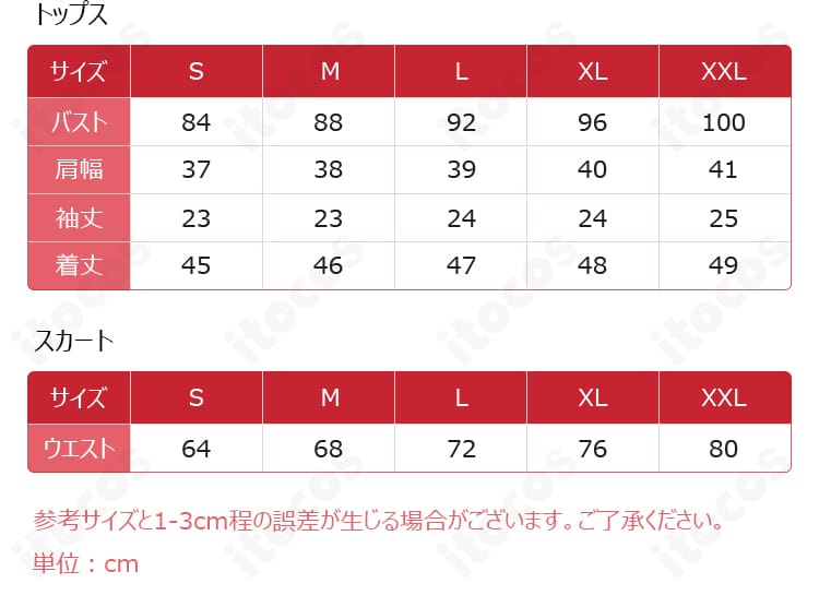 鎧塚みぞれ コスプレ衣装のサイズ表。S〜XXLの各寸法を一覧で確認できるガイド。