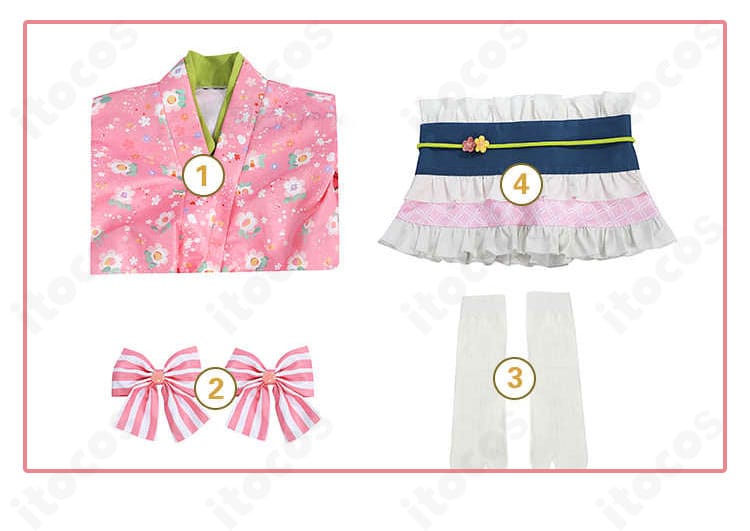 甘露寺蜜璃 街着姿コスプレ衣装のセット内容一式。衣装・髪飾り・靴下の同梱品を俯瞰で確認できる画像。