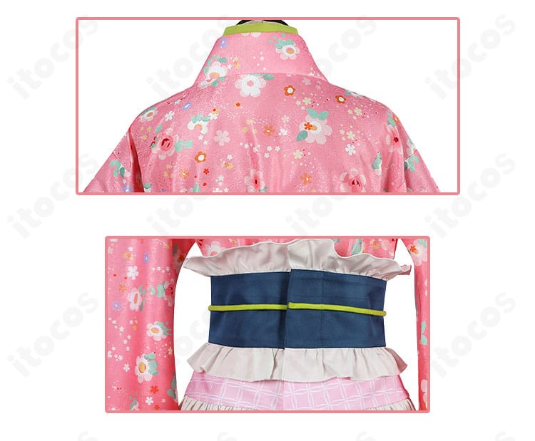 甘露寺蜜璃 街着姿コスプレ衣装の背面デザイン。縫製ラインと装飾配置のこだわりを示す画像。