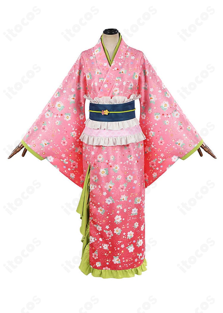 甘露寺蜜璃 街着姿コスプレ衣装の正面全体写真。色分けとシルエットが確認できる商品画像。