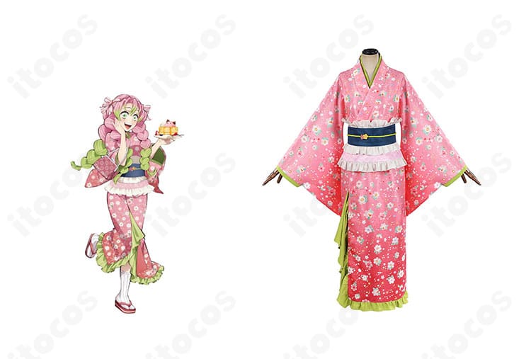 甘露寺蜜璃の街着姿コスプレ衣装とキャラクター画像の組み合わせ。正面からの全体像と再現ディテールが分かるイメージ。