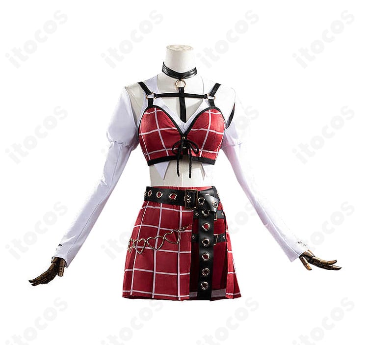 コスプレ衣装正面図。葛葉イメージのトップスとビスチェ、ボトムのディテールを確認できる画像。