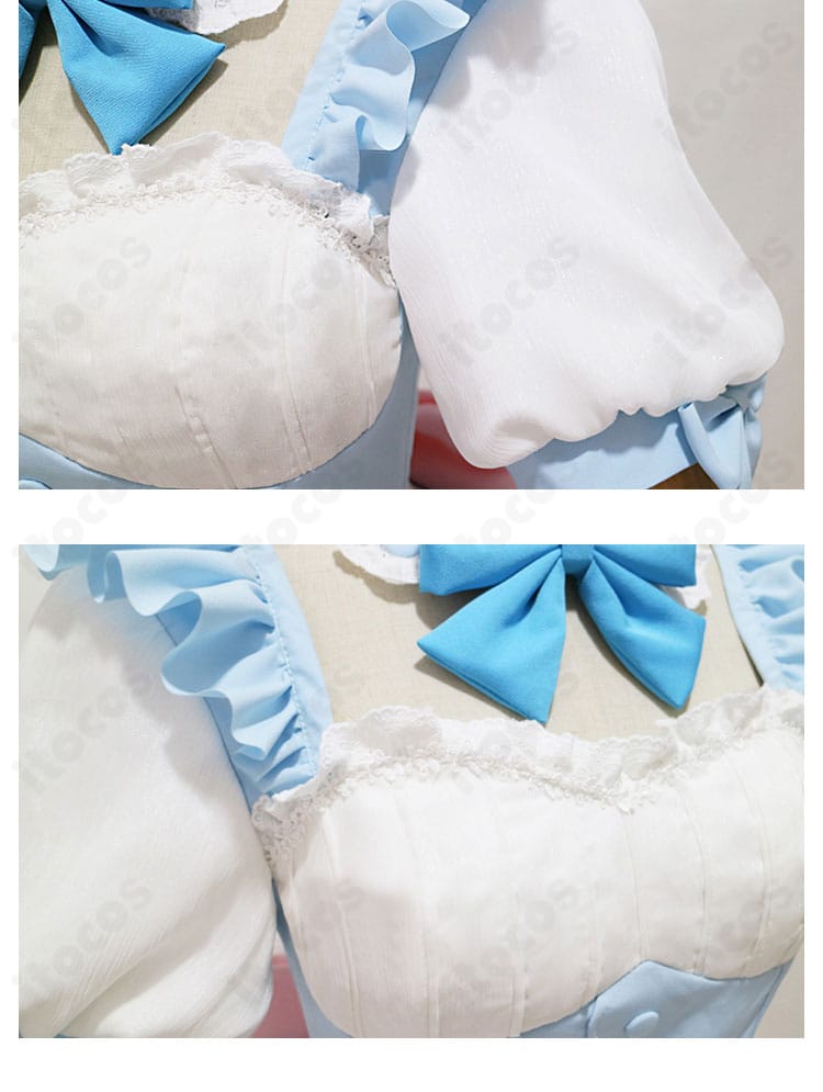 正面ディテールの近接。つけ襟と蝶ネクタイ、エプロン縁取りでレムらしさを再現。