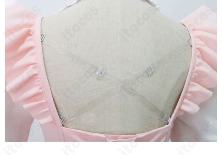 ラム 夢かわメイド衣装 上衣背面の肩帯ディテール。交差ストラップの取り付けと縫製精度