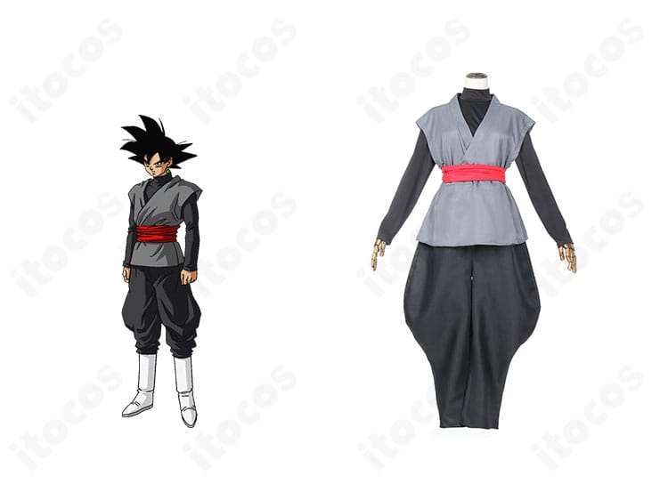 商品正面とゴクウブラック衣装一式の画像。ドラゴンボール超のダークトーン武道着を高再現で表現。