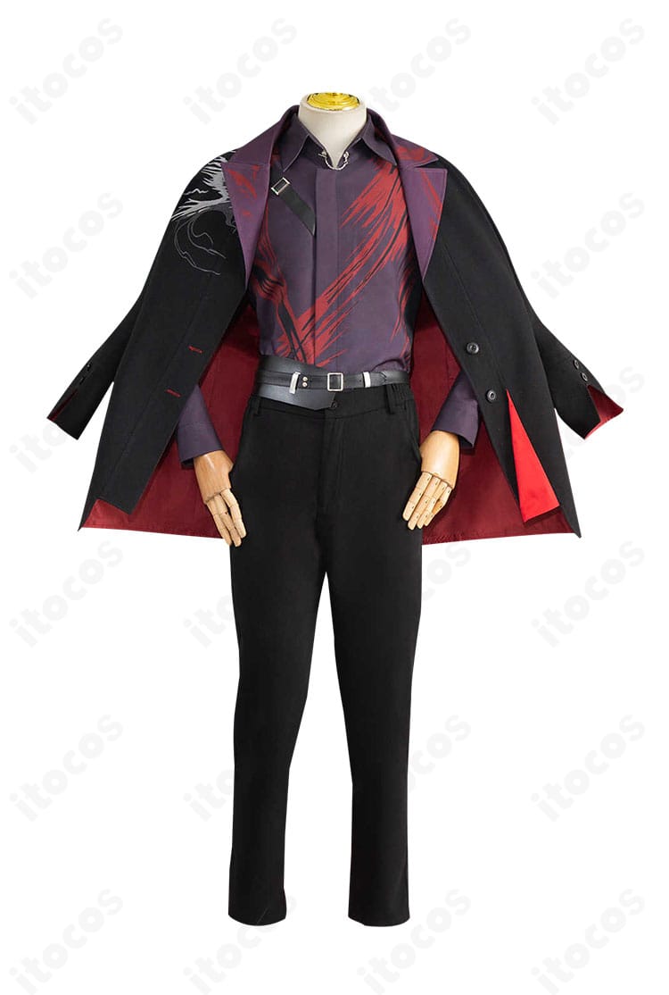 恋と深空 シンのコスプレ衣装 正面全身。コート・シャツ・ズボン・ベルトの配置と配色が明瞭に見える