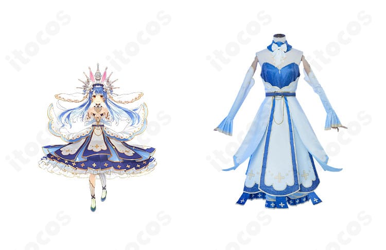 正面全体：兎田ぺこら うさメガぺこら衣装のワンピースと蝶ネクタイ、うさ耳ヘッドアクセが分かる参考イメージ付き商品写真