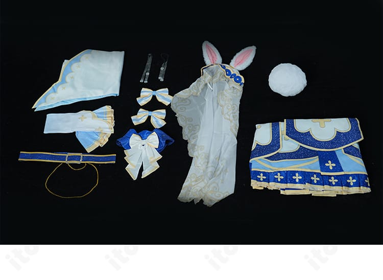 セット内容一覧：ワンピース、髪飾り、アームカバー、ベルト、スカーフ、尻尾を並べた確認用画像