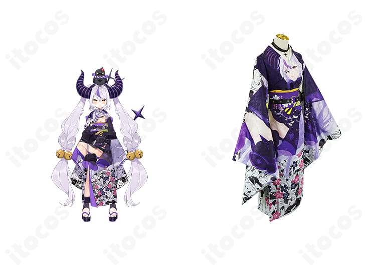ラプラス・ダークネス お正月衣装コスプレの全身とキャラクターイメージ。濃色和装に金装飾を配した高再現デザイン。