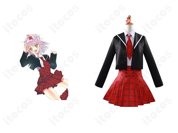 日奈森あむのガーディアン制服コスプレ衣装の正面と、作品『しゅごキャラ！』ジョーカー姿のコスプレシーン