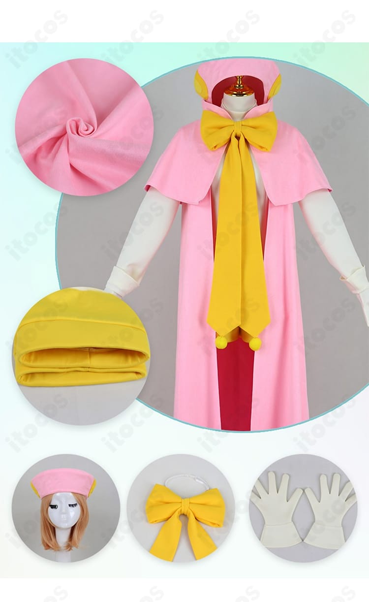 木之本桜 さくらカード編コスプレのセット内容一式。帽子・レオタード・マント・手袋・蝶結びの同梱アイテムを一覧で示しています。