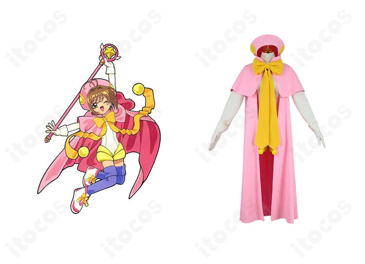 カードキャプターさくら 木之本桜 さくらカード編コスプレの正面全景。キャラクターイラストと並置し、帽子・マント・蝶結びまで高再現度のデザインを確認できます。