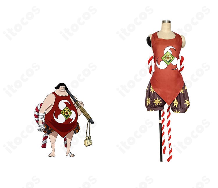 戦桃丸のコスプレ衣装 正面全身。腹掛とショートパンツ、紐飾りの配置や質感を確認できるディテール重視の画像