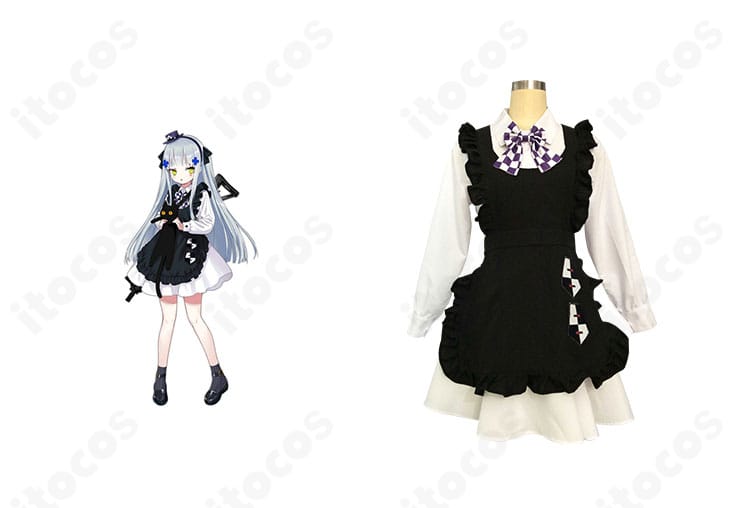 HK416 くろねこの贈りもの コスプレ衣装の正面画像。メイド風エプロンと帽子を含むモノトーンデザインを高再現で表現。