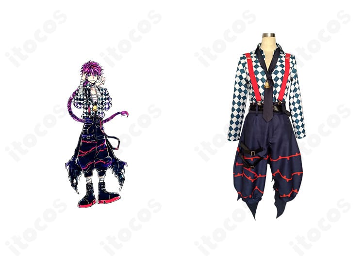 商品正面とラト・バッカの執事コスプレ一式。シャツ・ズボン・ネクタイ・鈴を合わせた高再現スタイル