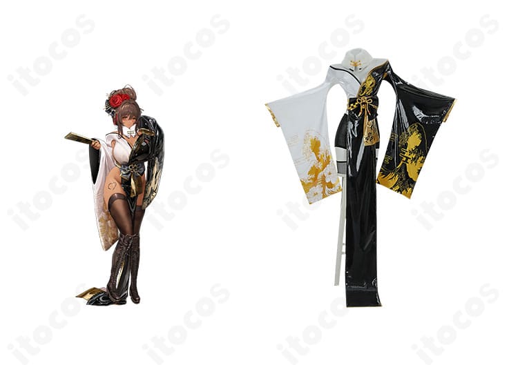 勝利の女神：NIKKE ノワール ブラックラビット衣装の正面全体とキャラクター参考を並置した画像。配色とシルエットの一致が分かる構図。