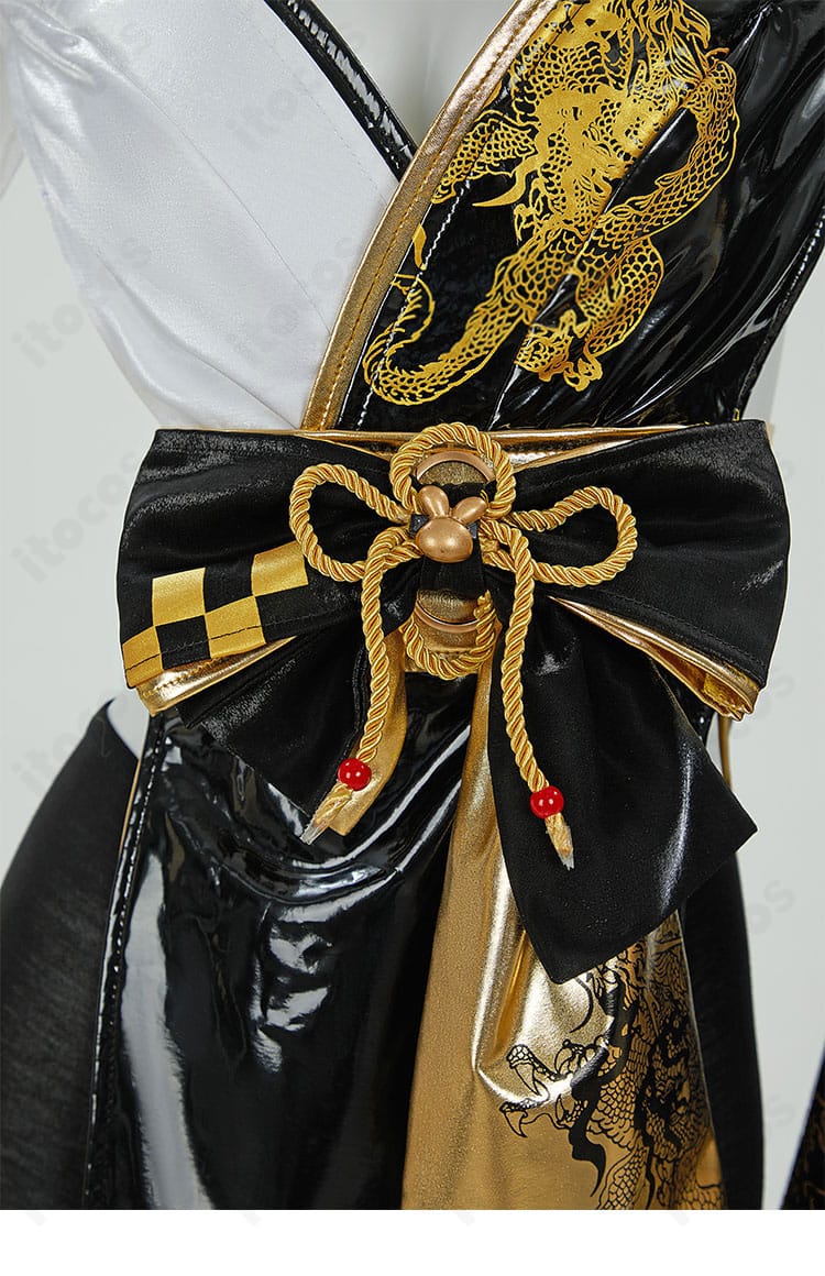 ブラックラビット衣装の腰帯とリボン装飾ディテール。コルセットベルトの質感と結びの表情が分かる。