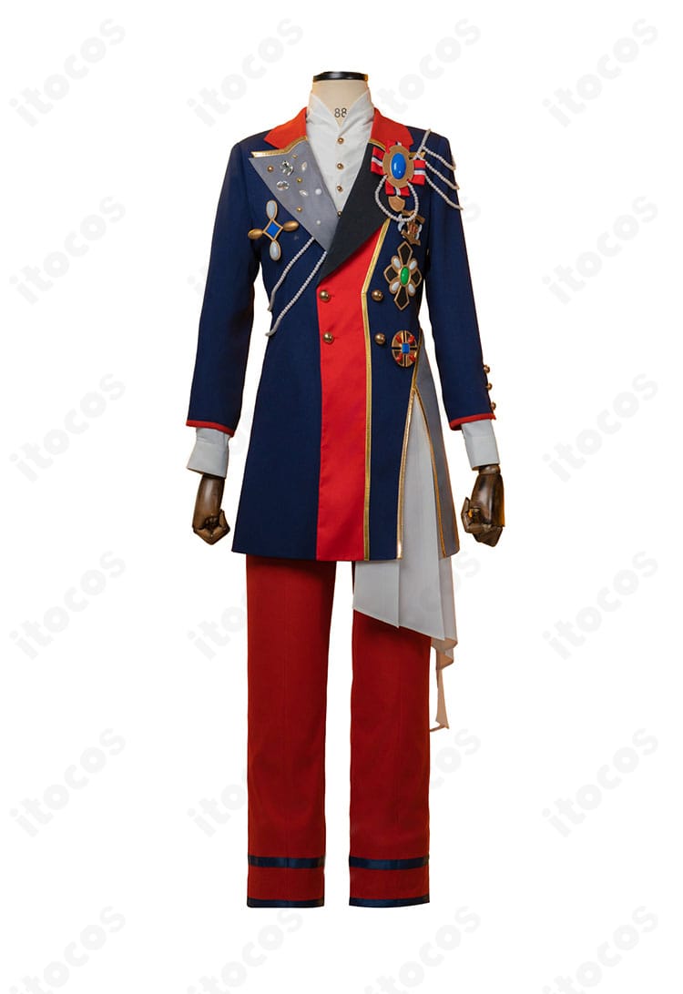 あんさんぶるスターズ！！ 伏見弓弦 コスプレ衣装の正面ビュー。コートのシルエットと胸飾りの配置がわかる画像