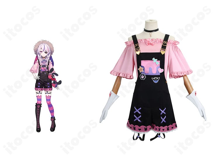 マリア・マリオネットと商品正面が並ぶ画像。高再現のオーバーオール衣装全体がわかる