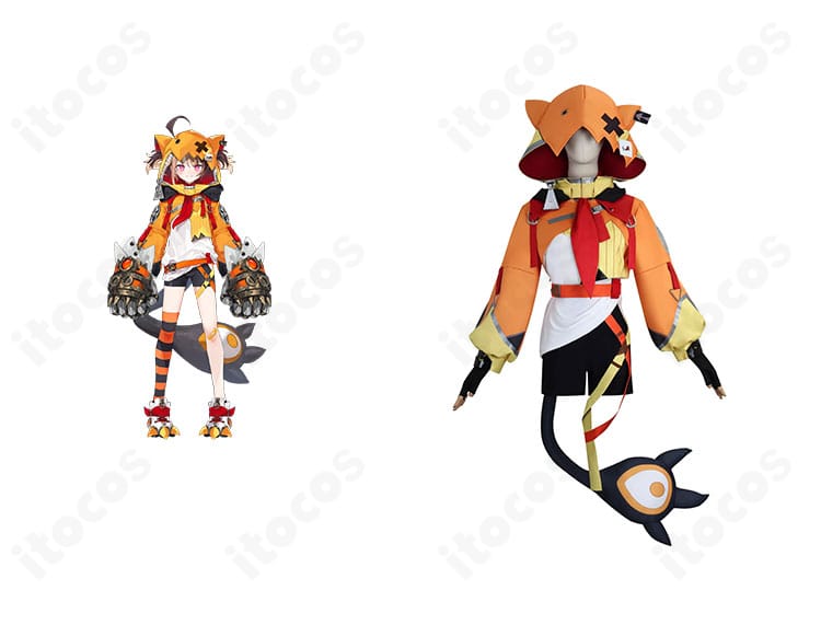 ジジ・ムリンと衣装正面が並ぶ構図。コートとショートパンツ、スカーフ、尾部アクセまでを含むフルコーデの全体像