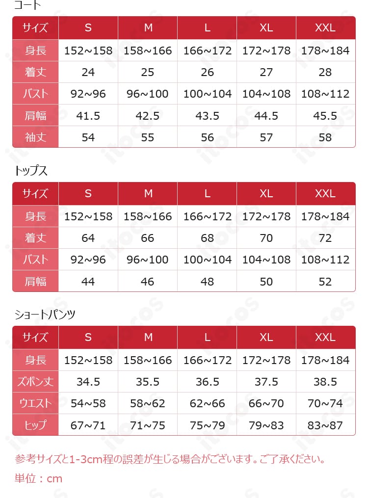 サイズ表と寸法ガイド。S〜XXLの各仕上がり寸法と採寸ポイントの解説