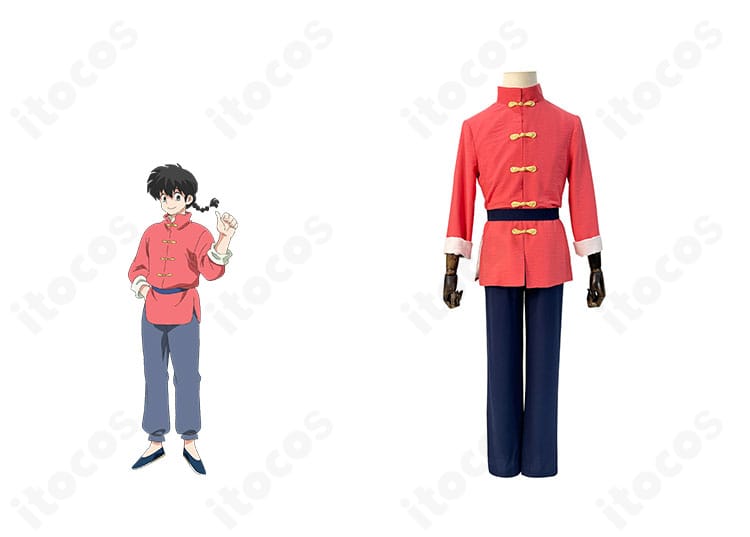 らんま1/2 早乙女乱馬のコスプレ衣装 正面全身とキャラクターポーズの比較画像。フォルムと再現度、セット内容の見え方が分かる構図。