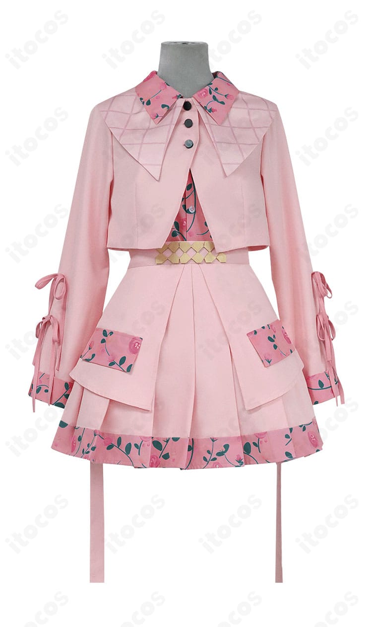 プロジェクトセカイ 小豆沢こはね 4th Anniversary 感謝祭コスプレ衣装の正面ディスプレイ。襟・胸元の意匠と端正なシルエットが分かる画像。