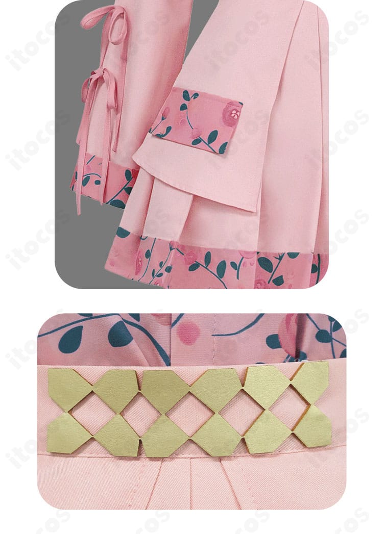 コスプレ衣装の袖口とウエスト装飾ディテール。ステージ映えする意匠と丁寧な縫製を示す部分アップ。