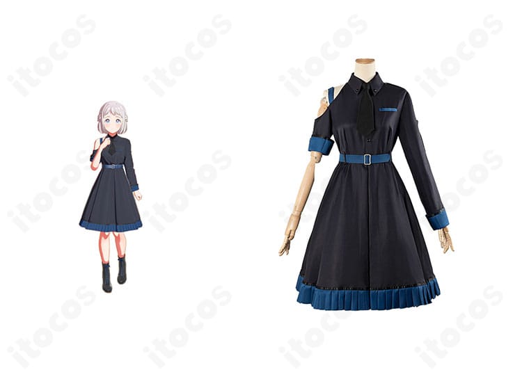 学園アイドルマスター 白線コスプレ衣装の正面とキャラクター風デザイン比較。白ラインが映えるアイドル風ワンピースの全体像。